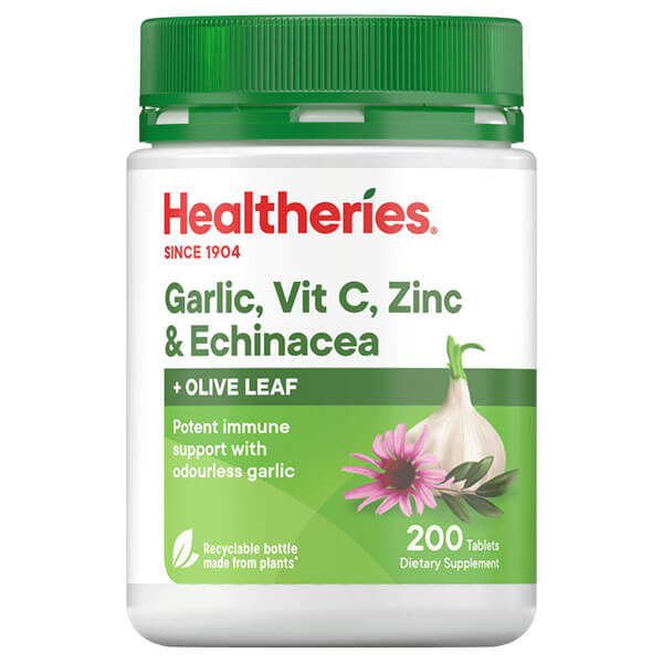 Healtheries Garlic, Vitamin C, Zinc &amp; Echinacea with Olive Leaf 200 Tablets