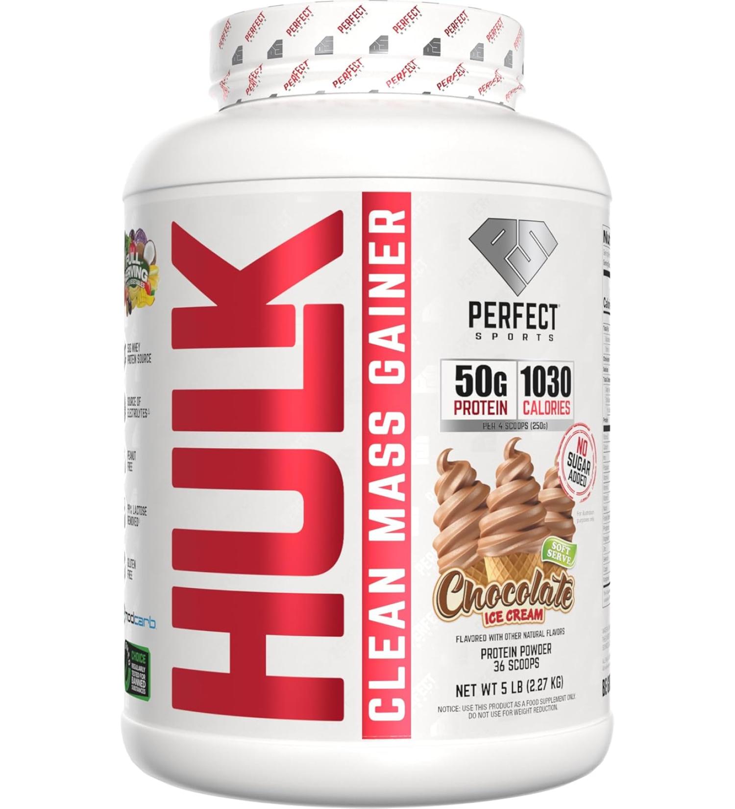 PERFECT SPORTS HULK Clean Mass Gainer 50g Whey Protein 99% Removed Lactose & Gluten Free - Chocolate Ice Cream - 5 Pounds