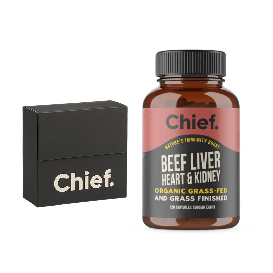 Chief Organic Beef Liver Heart & Kidney 120 Caps  + FREE Chief Sampler  ( sampler dated OCT 2025 )