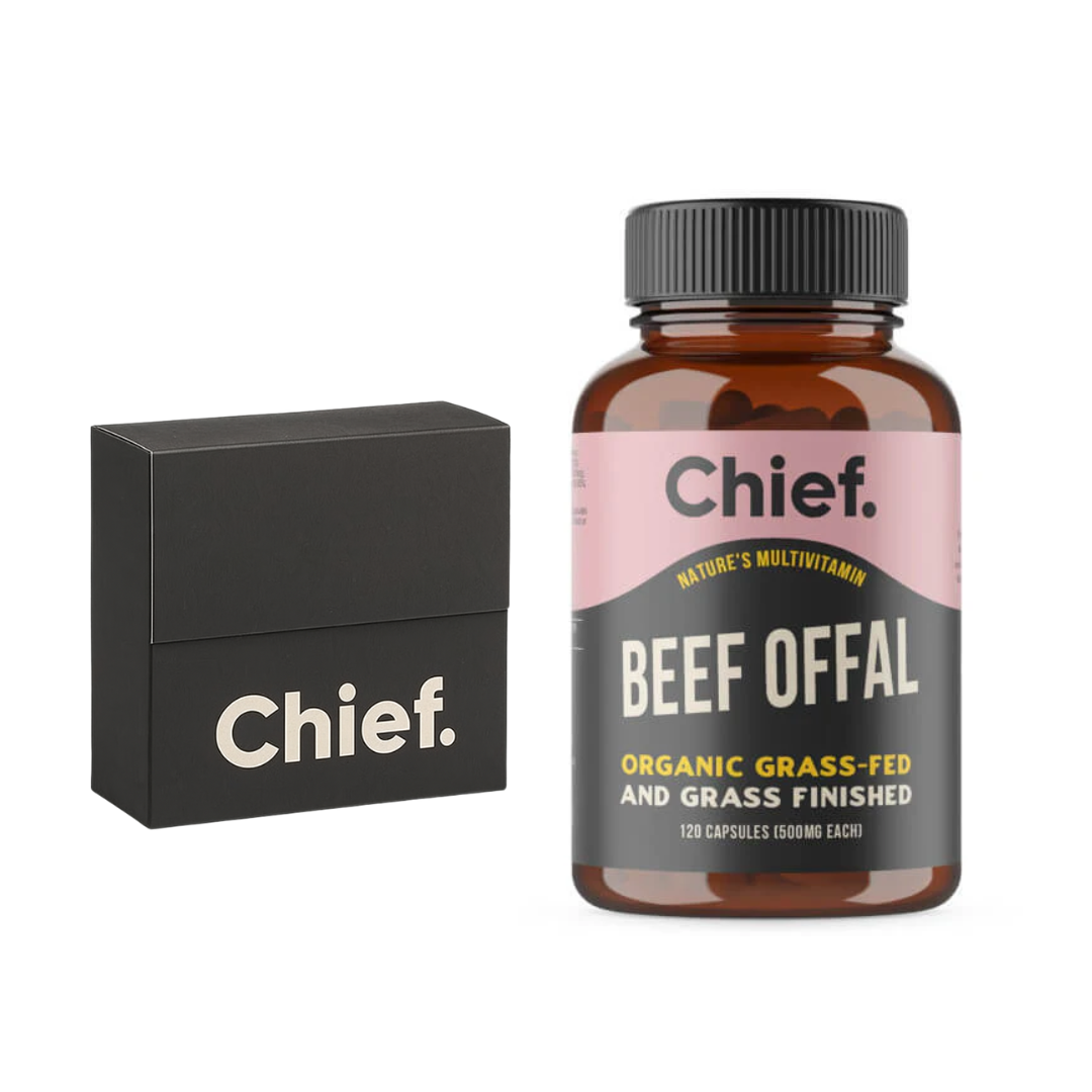 Chief Organic Beef Offal 120 Caps  + FREE Chief Sampler  ( sampler dated OCT 2025 )