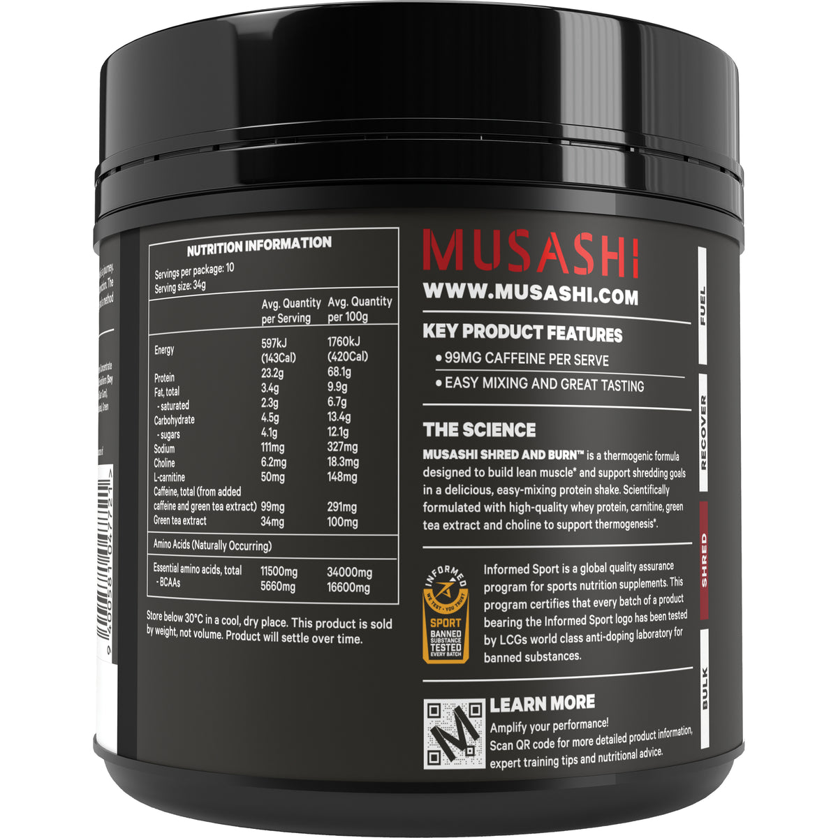 Musashi Shred & Burn Protein 340g