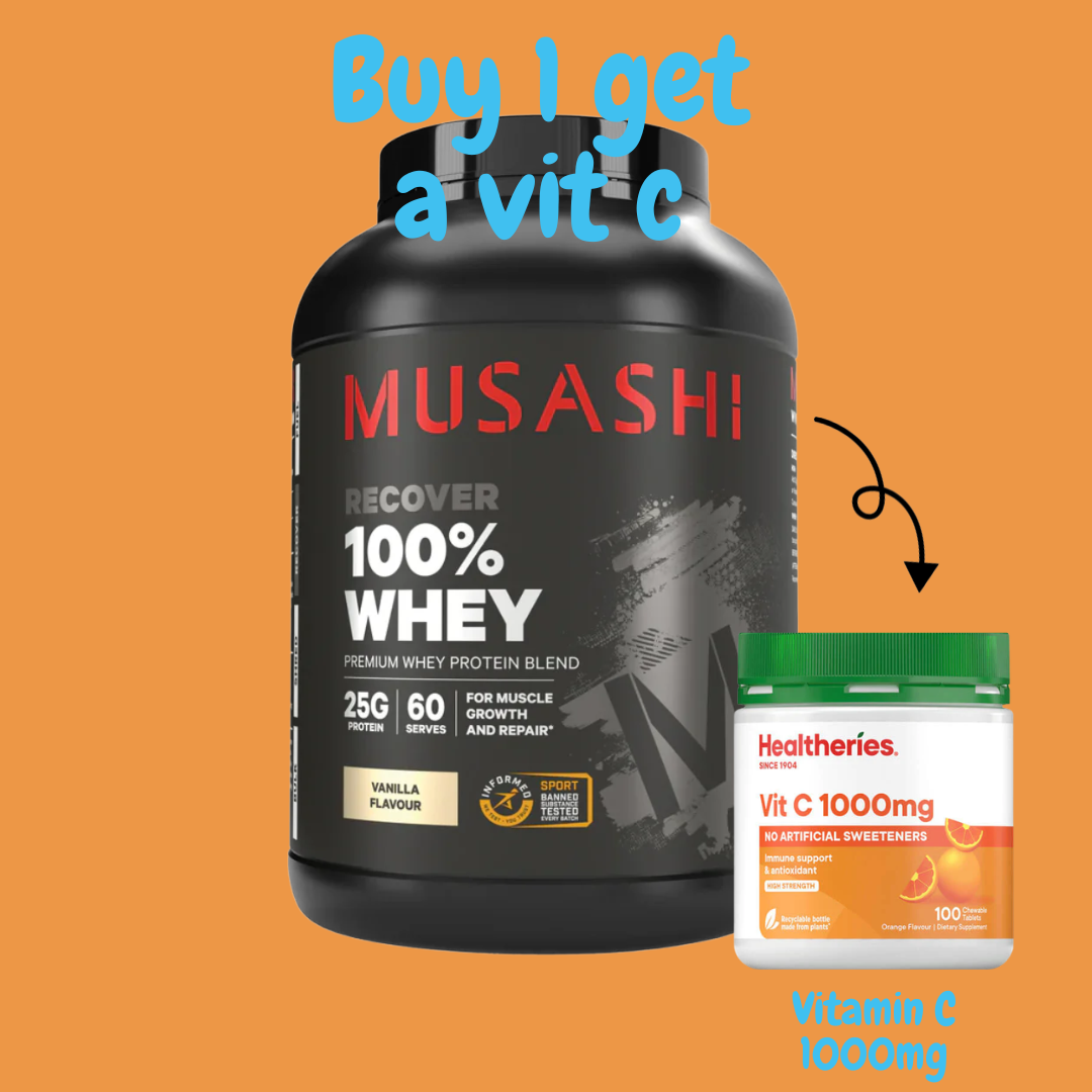 Musashi 100% Whey 2kg + FREE Healtheries Vitamin C 1000mg 100 Chewable Tablets