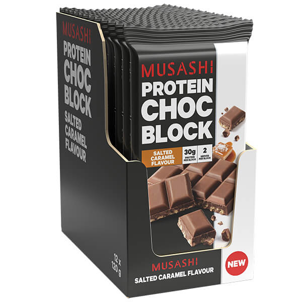 Musashi Protein Choc Block 120g x12 CLEARANCE Short dated 16/05/2024