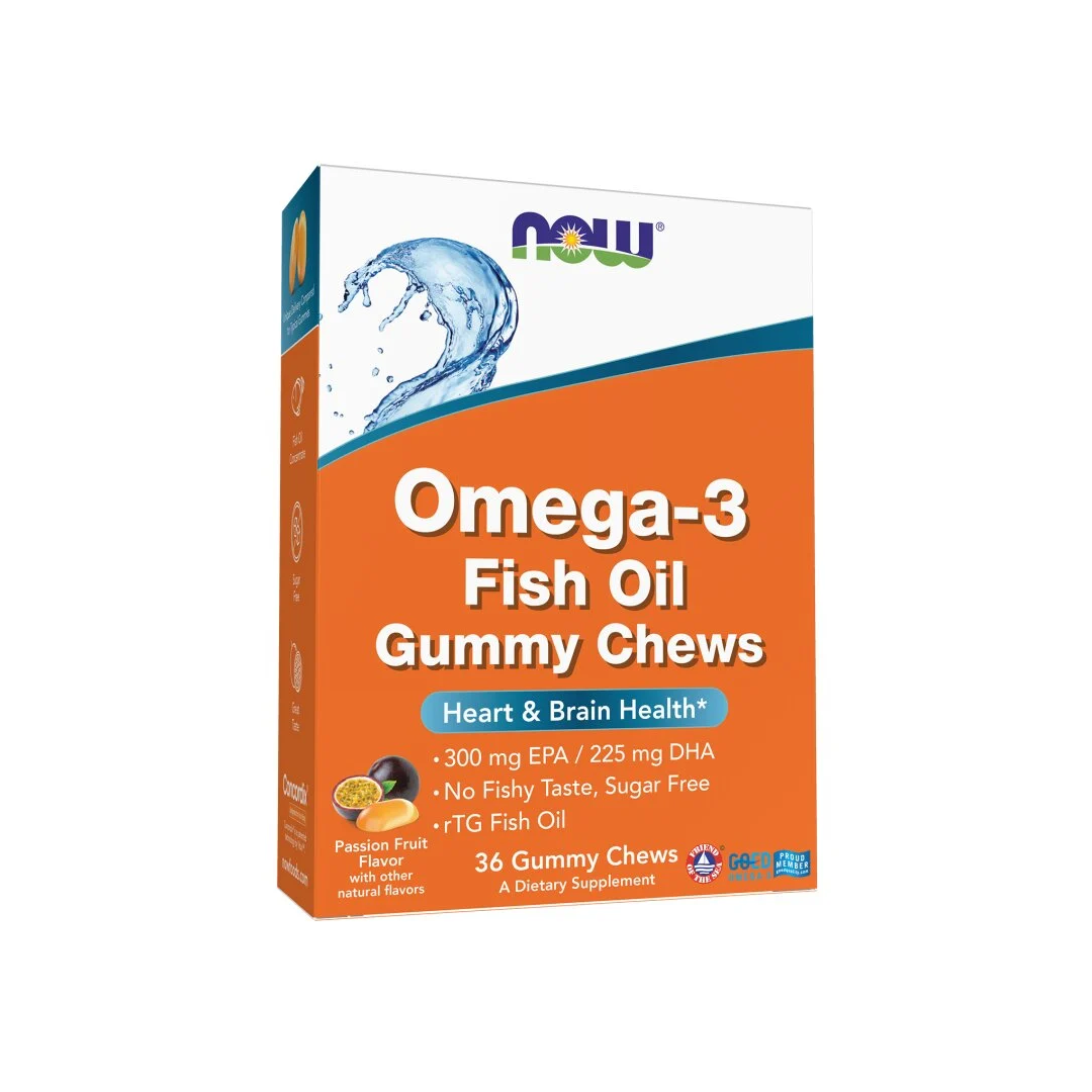 NOW Omega-3 Fish Oil Passion Fruit 36 gummy chews box front