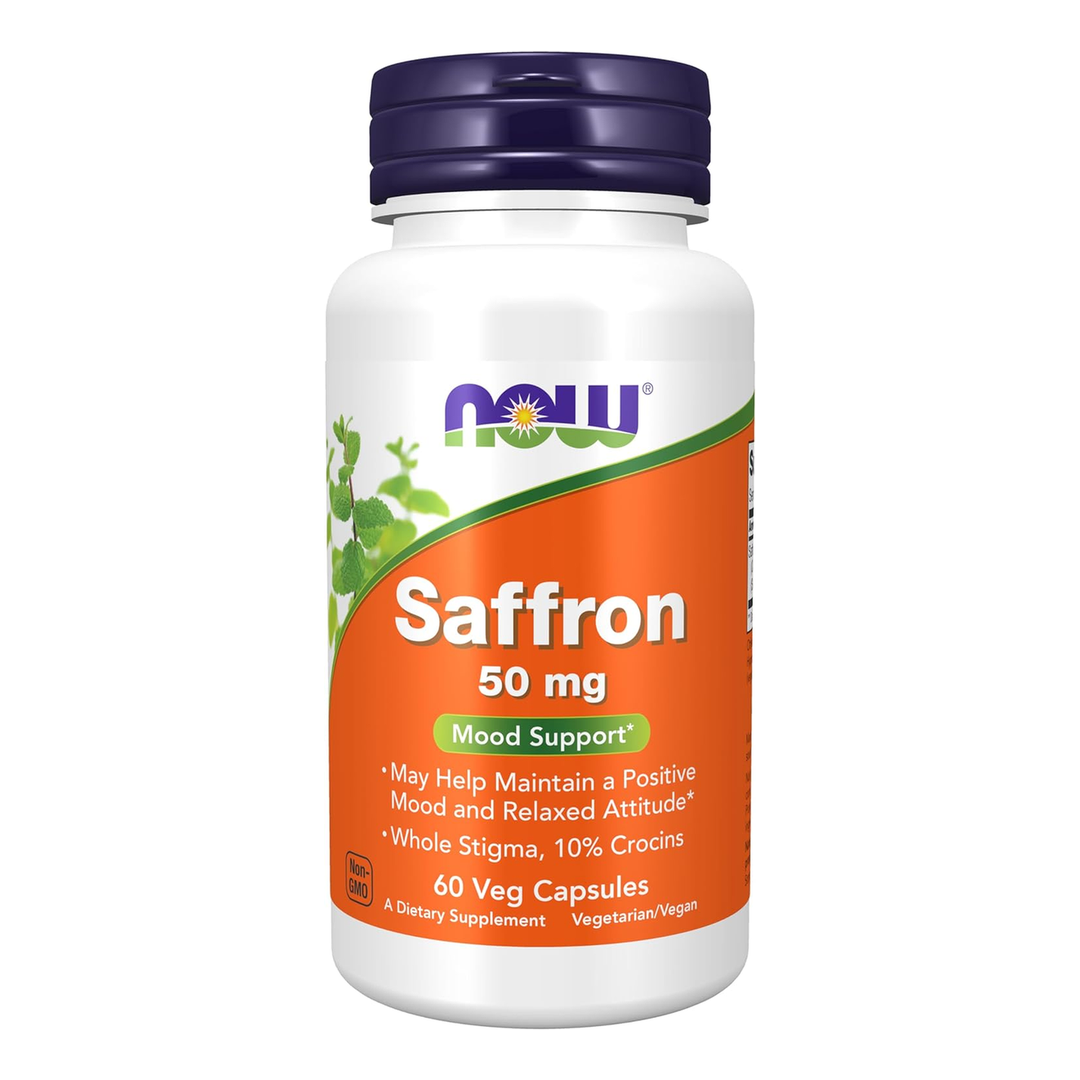 NOW Saffron 50mg 10% Crocins 60 veg capsules bottle front