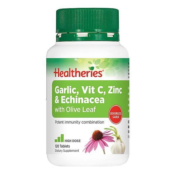 Healtheries Garlic, Vitamin C, Zinc & Echinacea with Olive Leaf 120 Tablets - Supplements.co.nz