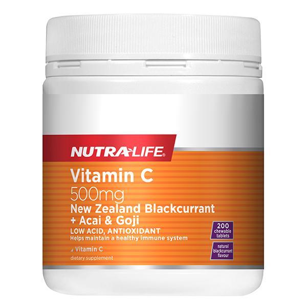 Nutralife Vitamin C 500mg Blackcurrant, Acai, and Goji 200 Tablets - Supplements.co.nz