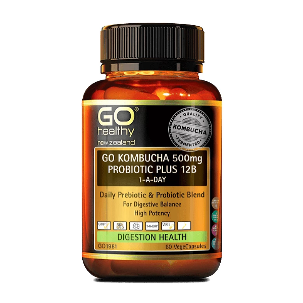 Go Healthy Go Kombucha 500mg Probiotic Plus 12B 1-A-Day 60 Caps