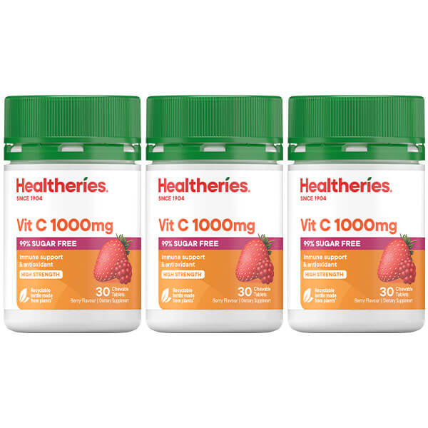 Healtheries Berry Vit C 1000mg 30 Chewable Tablets x3 (3x Bottles)