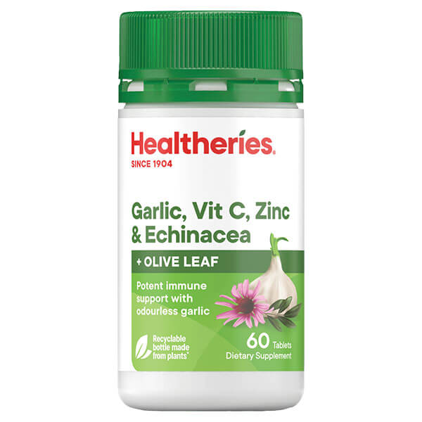 Healtheries Garlic, Vitamin C, Zinc, &amp; Echinacea with Olive Leaf 60 Tablets
