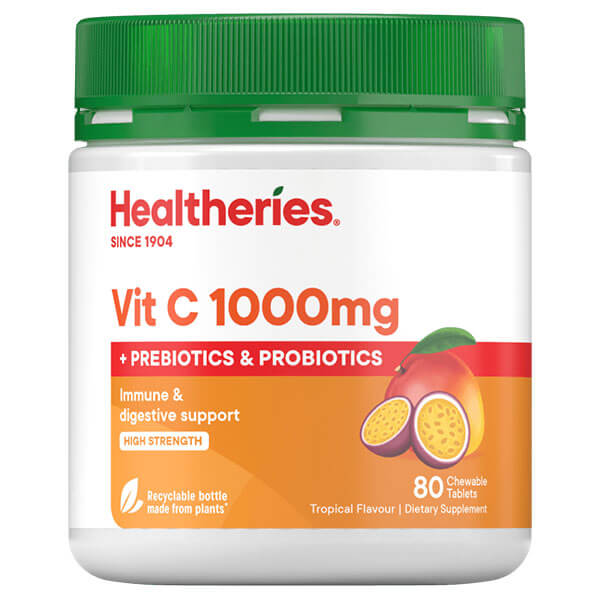 Healtheries Vit C 1000mg with Prebiotics &amp; Probiotics 80 Chewables